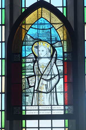 Витраж с изображением св. Арильды в церкви св. Арильды в Олдбери-он-Северн, Глостершир (фото любезно предоставил Мартин Фарделл из прихода Олдбери-он-Северн)