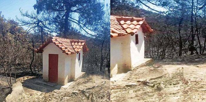 Маленькая церковь чудом уцелела во время разрушительных лесных пожаров в Греции (+ВИДЕО)