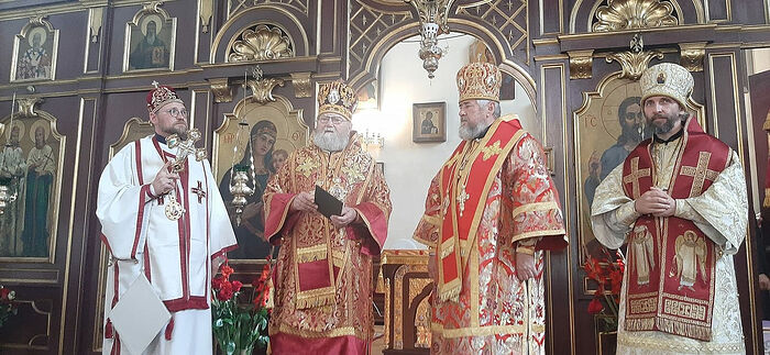 L to R: Abp. Juraj, Abp. Michael, Met. Philip (UOC), and Bp. Jachým at the cathedral. Photo: Facebook