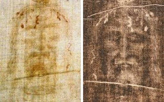 The Savior’s face on the Shroud of Turin, positive and negative.