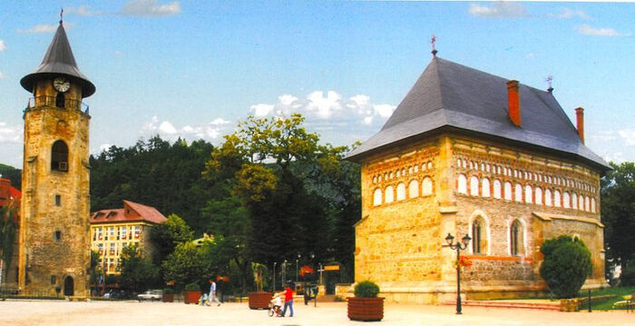 The city of Piatra Neamț, the Royal Church of the Nativity of St. John the Forerunner with a bell tower—the Ștefan Vodă Tower