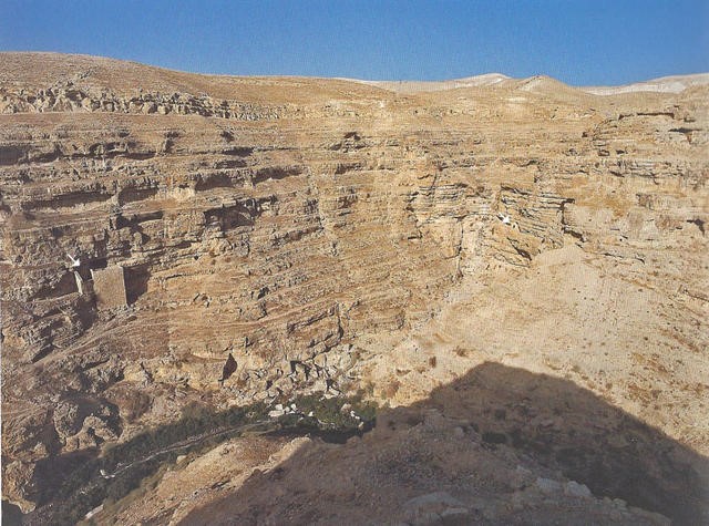 The cave of St. Xenophon, near the St. Savvas Lavra (marked with a white arrow on the right)