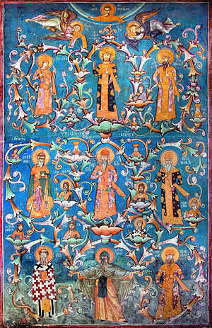 Fresco of holy lineage of Nemanjić Dynasty. Visoki Decani Monastery
