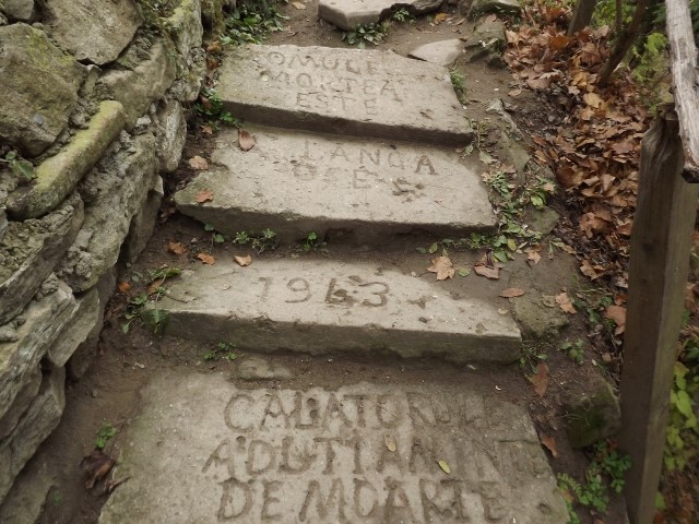 Ανάβαση στο μοναστήρι Τσετετσούγια Νέγκρου Βόντα. Η επιγραφή λέει: «Άνθρωπε, ο θάνατος είναι δίπλα σου. 1963. Ταξιδιώτη, θυμήσου τον θάνατο».