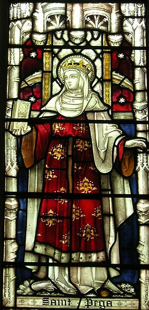 Изображение св. Пеги на витраже церкви св. Иоанна Крестителя в Питерборо, Кембриджшир (предоставила Dr Avril Lumley-Prior)