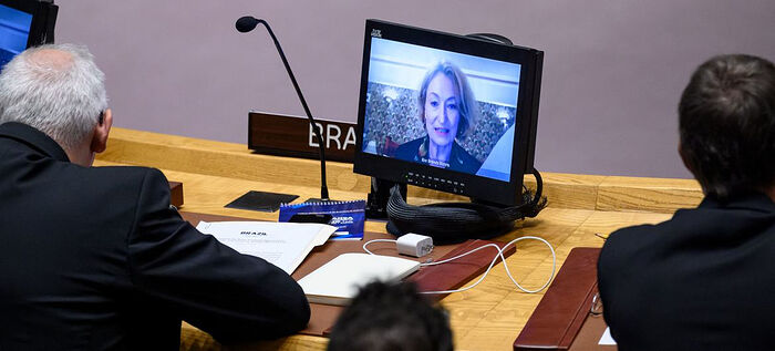 Ilze Brands Kehris (on screen), Assistant Secretary-General for Human Rights for the Office of the UN High Commissioner for Human Rights, addresses the Security Council meeting on threats to international peace and security. Photo: news.un.org