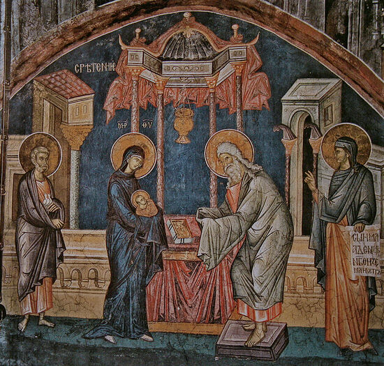 Сретение Господне. Фреска монастыря Высокие Дечаны, Косово, Сербия. Около 1350 года