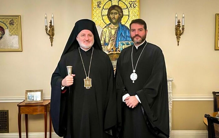 Abp. Elpidophoros (left) instructed Bp. Apostolos (right) to conduct a study to present the results to Pat. Bartholomew. Photo: Romfea