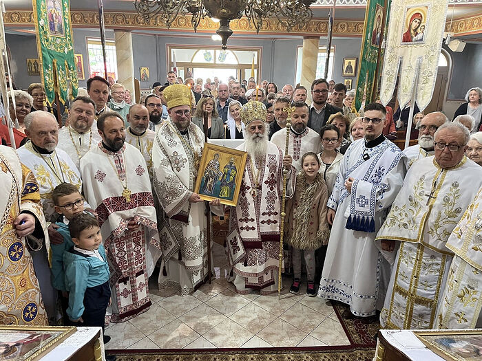 Abp. Juraj (center left) and Met. Petar (center right) after the Liturgy in Michalovce. Photo: Facebook
