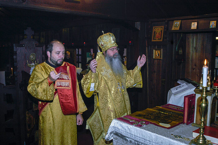 Bishop (now Metropolitan) Tikhon celebrates Liturgy assisted by Deacon (now Metropolitan) Nicholas Olhovsky on October 6, 2010 at Our Lady of Kazan Church in Sea Cliff, NY during the meeting of the Dialogue Commissions of the OCA and ROCOR.