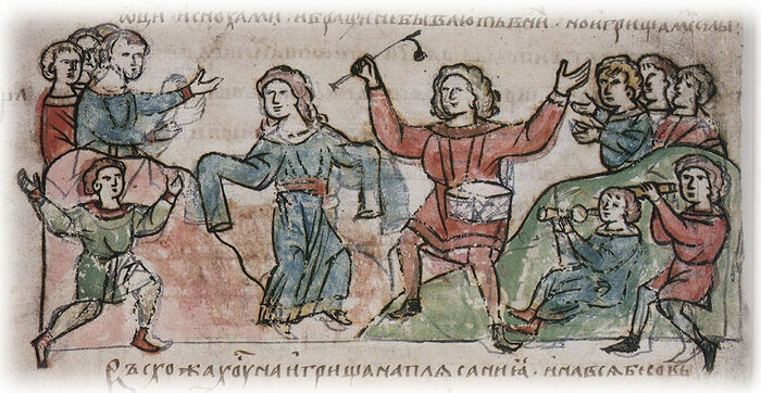 Игрища славянских племён. Миниатюра из Радзивилловской летописи, конец XV века
