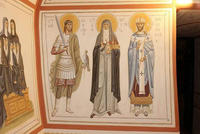 Fresco icon depicting St. Bavo (Left) and St. Begga (Center)
