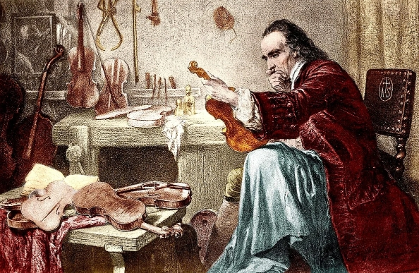 Ο Στραντιβάρι δοκιμάζει το βιολί. Πίνακας χαρακτικής 19ου αιώνα.