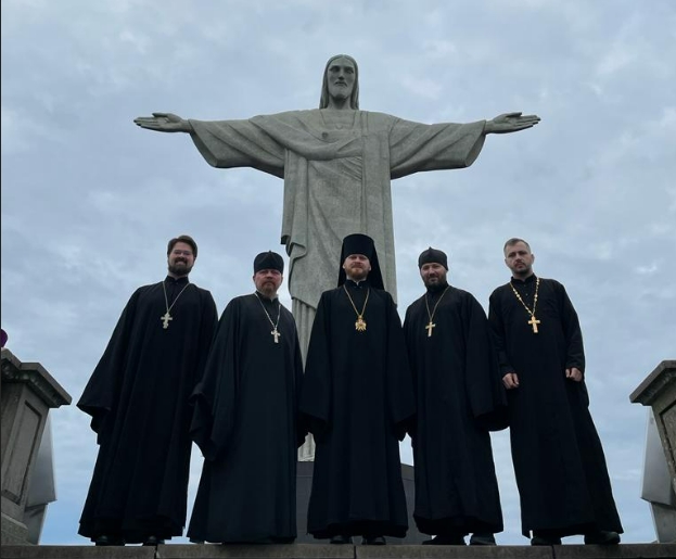 Clergy of the Metropolis after a prayer service with Bishop Leonid of Argentina and South America at the foot of the Statue of Christ the Redeemer at the top of Corcovado mountain, Rio de Janeiro