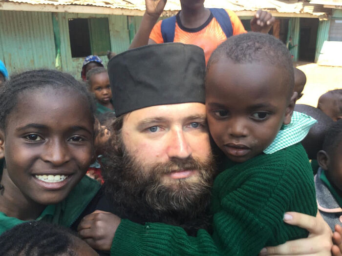 Fr. Silouan (Brown) with children in Kenya