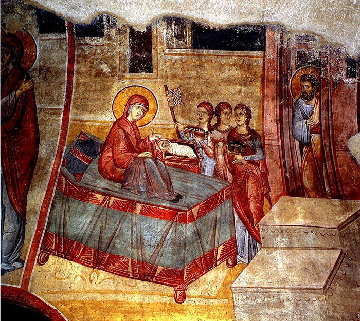 Nativity of the Most Holy Theotokos. Fresco, Panagia Olympiotissa Monastery in Elassona, Greece. Late 18th c. Photo: fotoload.ru