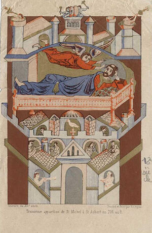 The appearance of the Archangel to St. Aubert of Avranches, commanding him tobuild the oratory that would inaugurate monastic life on Mont Saint-Michel