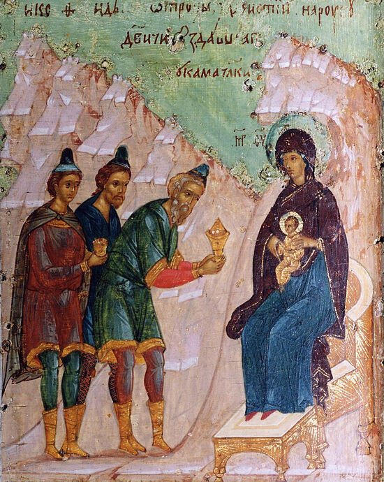 Поклонение волхвов. Клеймо иконы Похвала Богоматери (с акафистом). XVI век