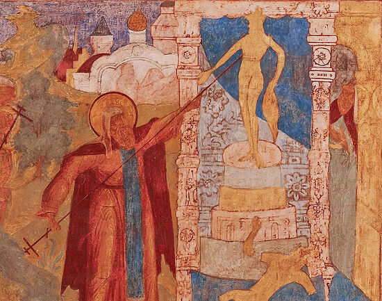 Авраамий Ростовский сокрушает идол Велеса, на месте которого был воздвигнут Богоявленский монастырь, фреска XVII века