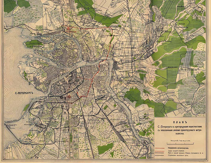 Императорский план Санкт-Петербурга с показанными линиями проектируемого метрополитена