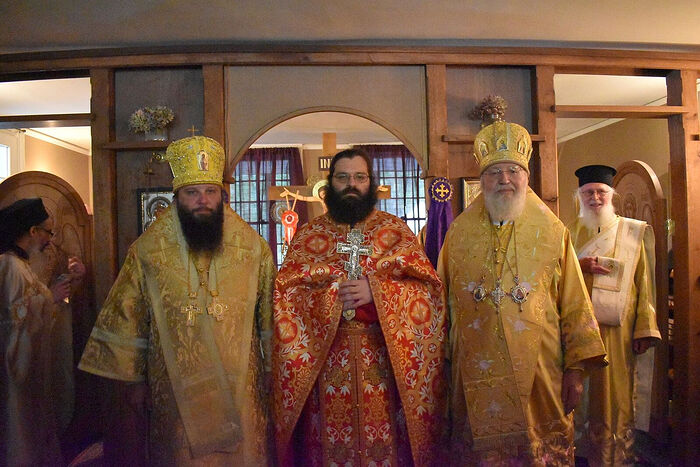 Fr. Vasilieos (Willard), pictured here at his ordination in 2020 with Met. Hilarion of blessed memory (right) and Met. Nicholas, the current First Hierarch of ROCOR (left). Photo: saintdionysiosmonastery.org