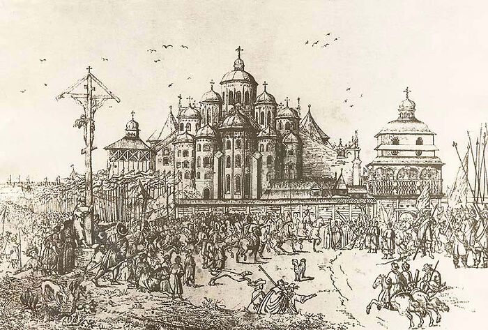 Софийский собор с деревянной колокольней (справа) на рисунке Абрахама ван Вестерфельда (1651)