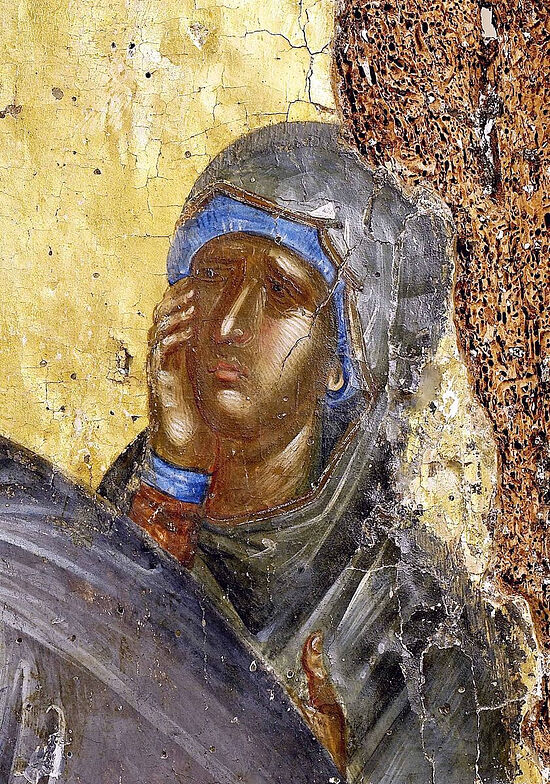 Τμήμα βυζαντινής εικόνας, στο οποίο είναι εμφανή φωτισμένα στοιχεία. Η Αποκαθήλωση, 14ος αιώνας. Βυζάντιο.