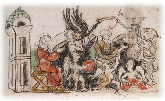 Demonic cavorting in St. Isaac’s cell. Miniature from the Radzivillov Chronicles, late 15th c.
