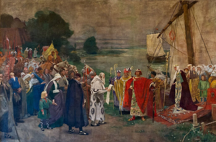 Прибытие Оттона I с королевой Эдит и придворными в Магдебург в сентябре 937 г. Худудожник: Гуго Фогель (1898)