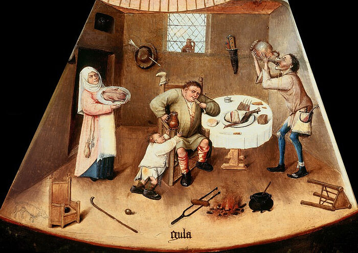 H. Bosch. Gluttony: Fragments of the painting, The Seven Deadly Sins. 1500.