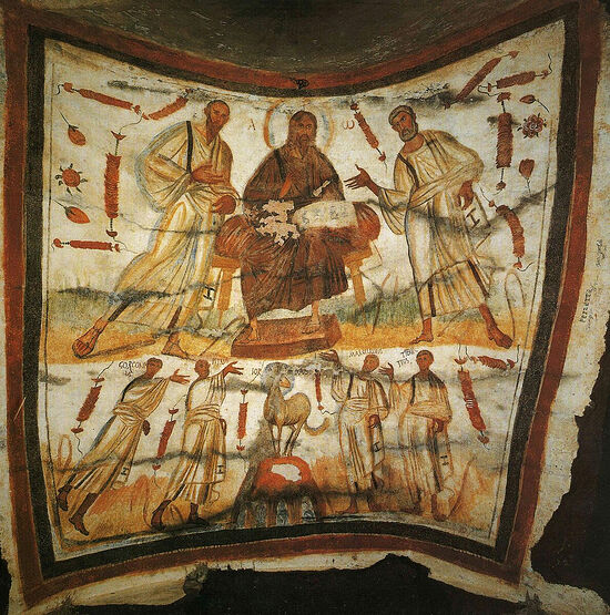 Христос, апп. Петр и Павел, 4 мученика. Росписи катакомб Петра и Марцеллины. IV в.