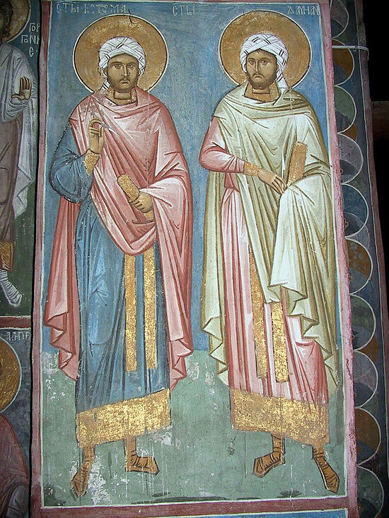 Мчч. Косма и Дамиан Аравийские. Фреска монастыря Дечаны, ок. 1347 г.
